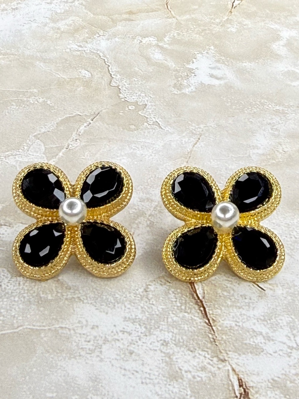 Gold & Black Flower Pearl Center Stud Earrings - Elegant Women’s Jewelry